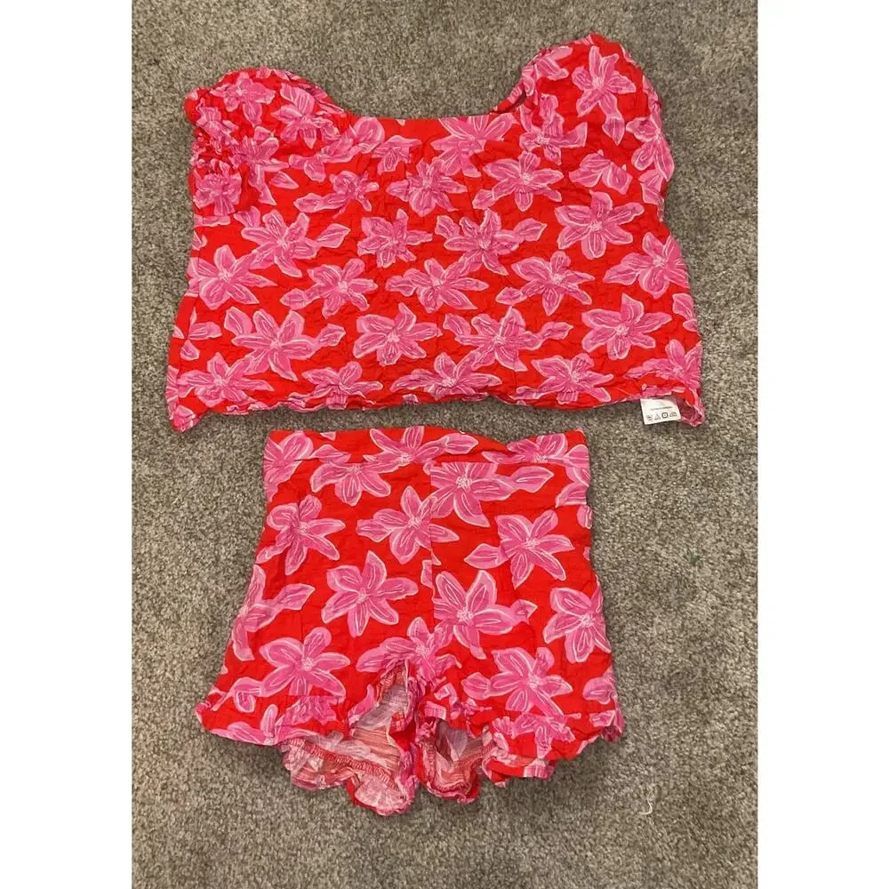 Tahari Girls 2 Piece Floral Short Set Pink Orange Cotton Summer Outfit, 8